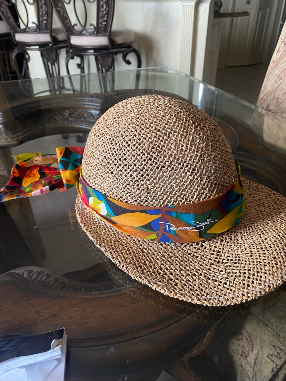 Panama Jack Tan Straw Sun Hat with Multicolor Leaf-Print Band